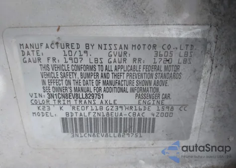 2020 Nissan Versa Sv Xtronic Cvt from USA, damaged, VIN 3N1CN8EV8LL829751